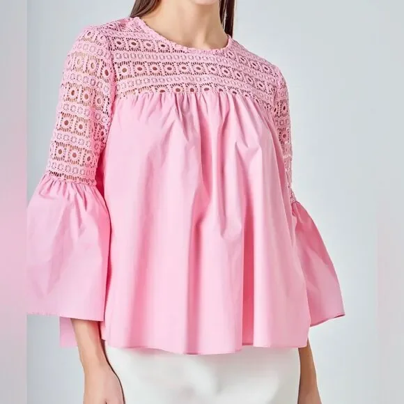 Anthropologie Endless Rose Pink Lace Poplin Bell Sleeve Blouse Large TJ027T - Picture 1 of 14